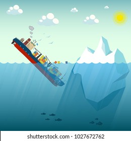 Shipwreck Iceberg container ship. The ship went under water half swimming around the containers. In the background blue sky, sun and gulls. Vector Illustration.