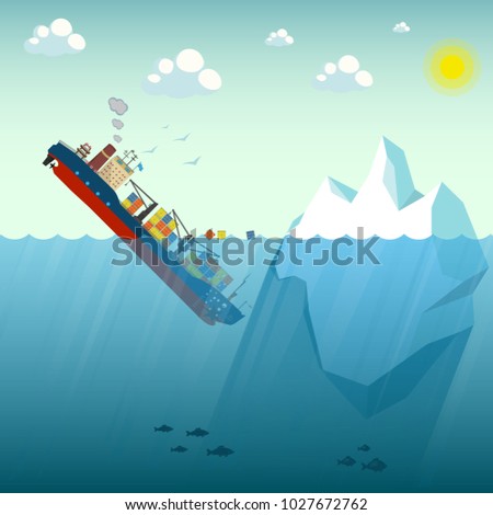 Shipwreck Iceberg container ship. The ship went under water half swimming around the containers. In the background blue sky, sun and gulls. Vector Illustration.