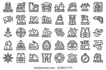 Shipwreck icons set outline vector. Island desert. Sea boat