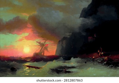 Shipwreck off Mount Athos - vector illustration