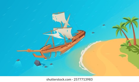 Shipwreck on beach with palm trees in clear blue water. Vector illustration