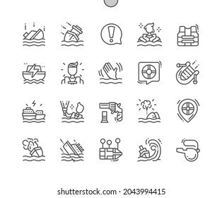 Shipwreck. Overboard passenger. Ship is sinking. Storm, life jacket, lifeboat and whistle. Pixel Perfect Vector Thin Line Icons. Simple Minimal Pictogram
