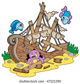 Shipwreck at sea bottom - vector illustration.