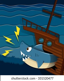 Shipwreck and shark attack underwater illustration