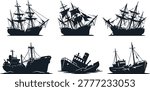 Shipwreck silhouettes of old sailing vessels and modern ships sinking, nautical disaster ruins, abandoned maritime wreckage icons, ocean debris, black graphics.