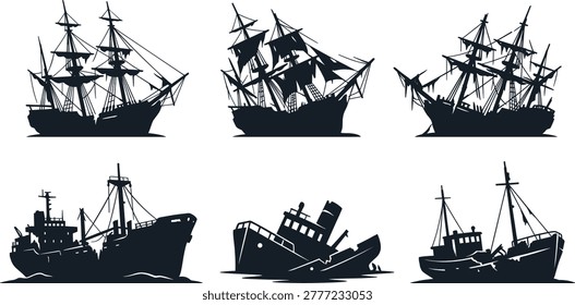 Shipwreck silhouettes of old sailing vessels and modern ships sinking, nautical disaster ruins, abandoned maritime wreckage icons, ocean debris, black graphics.
