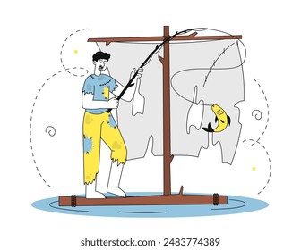 Shipwreck survivor concept. Man in torn clothes floats on raft with torn flag. Young guy after accident and disaster in sea or ocean. Linear flat vector illustration isolated on white background