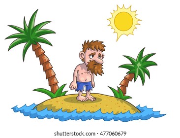 Shipwreck Survivor On Desert Island Vector Illustration