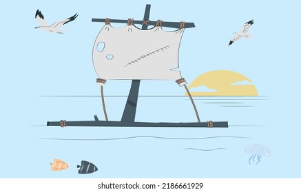 Shipwreck Survivor Vector Cartoon Of Ragged Shipwreck Survivor Stranded On A Raft In The Sea.