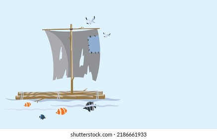 Shipwreck Survivor Vector Cartoon Of Ragged Shipwreck Survivor Stranded On A Raft In The Sea.