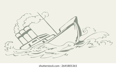 Shipwreck in the waves. Vector drawing