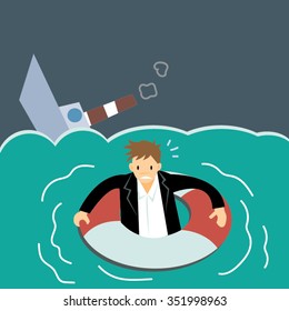 Shipwrecked Business man floating on swim ring in the sea-vector