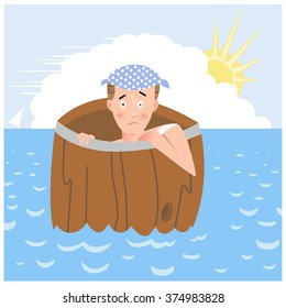 Shipwrecked man in barrel on open water