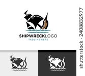 Shipwrecked in the Ocean. Simple and Minimalist Logo Design. Vector illustration