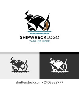 Shipwrecked in the Ocean. Simple and Minimalist Logo Design. Vector illustration