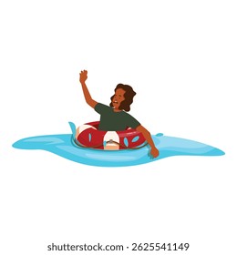 Shipwrecked person asking for help floating in the ocean with a lifebuoy ring