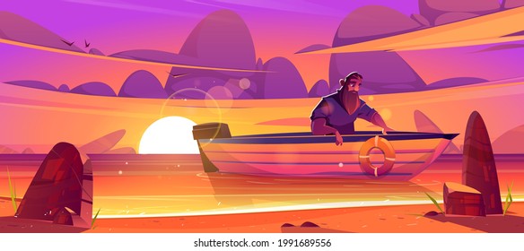 Shipwrecked sad man sit in wooden boat at sunset scenery landscape. Castaway male character escaping from sinking ship, moor to uninhabited island. Survivor after shipwreck Cartoon vector illustration