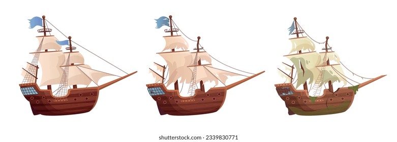 Shipwrecked ships. Wrecked ship, broken pirate boat battleship or sunken underwater travel adventure sailboat, sea shipwreak of old wood sail galleon, ingenious vector illustration of ship wreck