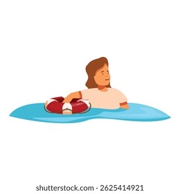 Shipwrecked woman holding a life preserver and waiting for rescue in the ocean