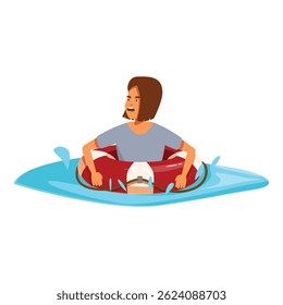 Shipwrecked woman holding a lifebuoy and asking for help after a shipwreck
