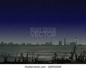 Shipyard and city landscape, night design vector illustration.