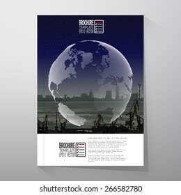 Shipyard and city landscape, world globe night design vector. Brochure, flyer or report for business, templates vector.