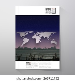 Shipyard and city landscape, world map night design vector. Brochure, flyer or report for business, templates vector.