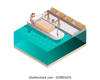 Shipyard composition with isometric image of marine cargo terminal crane towers loading containers onto cargo ship vector illustration