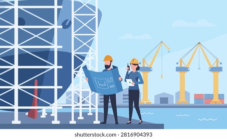 Shipyard engineers discussing construction blueprints in front of a giant cargo vessel with harbor cranes in the background.