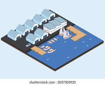 Shipyard factory building with new boats docked on the jetty. Isometric vector concept