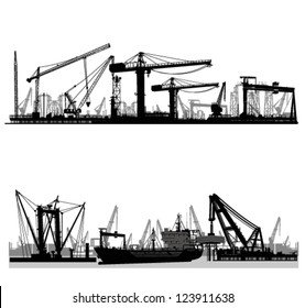 Shipyard, harbor skyline vector silhouette