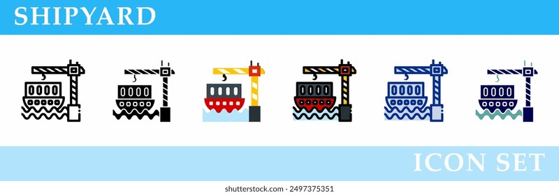 Conjunto de iconos de astillero. 6 Varios estilos. Gráficos de signos, símbolos, elementos, presentaciones, infografías o Web. Ilustración vectorial.