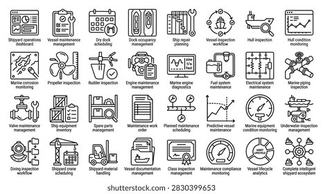 Shipyard Maintenance Management System Vessel Repair and Inspection Icon Set