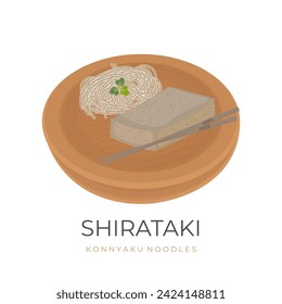 Shirataki Noodles Konjac and konnyaku vector illustration logo on a wooden bowl