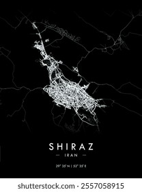 Shiraz vector print map in dark theme. Detailed map of Shiraz in Iran. Best free vector illustration. Tourist decorative minimalist street map.