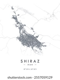 Shiraz vector print map. Detailed map of Shiraz in Iran. Best free vector illustration. Tourist decorative minimalist street map.