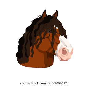 Shire, Vladimir heavy draft horse, head portrait. Working draught breed with shaggy mane. Equine animal avatar, thoroughbred, face portrait. Flat vector illustration isolated on white background