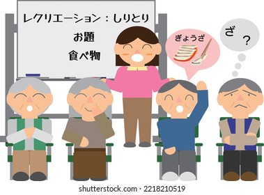 Shiritori recreation at a nursing home.
translation：Recreation, shiritori, theme, food, gyoza,za