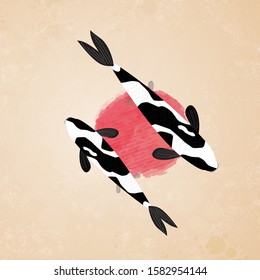 Shiro Utsuri fish koi. Fish Koi Illustration. Concept for Fish Koi. Flat style vector illustration isolated on colour background, suitable for wallpaper, banner, book illustration.