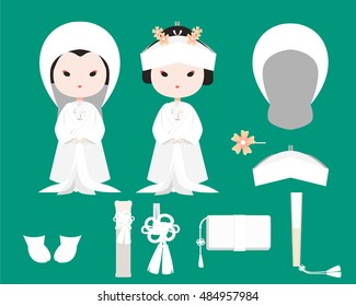 Shiromuku. White wedding kimono set with full accessories