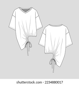 Shirred Gathering Asymmetrical Knotted Hem t shirt top Drop Shoulder elbow Sleeve v neck  fashion sketch drawing template design