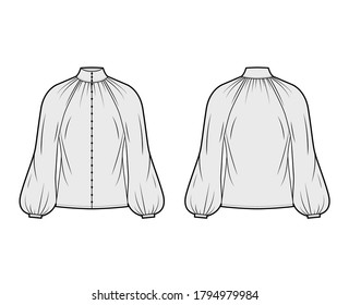 Shirred high-cut neck blouse technical fashion illustration with long bishop raglan sleeve, front button-fastening. Flat apparel shirt template front, back, grey color. Women men unisex top CAD mockup