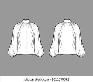 Shirred high-cut neck blouse technical fashion illustration with long bishop sleeve, front button-fastening, oversized. Flat apparel shirt template front, back, white color. Women, men unisex top CAD