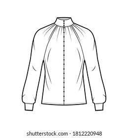 Shirred high-cut neck blouse technical fashion illustration with long sleeve with cuff, front button-fastening, loose silhouette. Flat apparel shirt template front, white color. Women, men unisex CAD