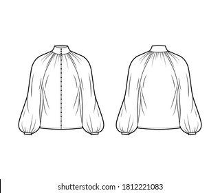 Ilustración técnica de la moda de la camisa de alto corte del cuello con manga larga de obispo, abrochamiento del botón delantero, sobredimensionado. Plantilla de la camisa de vestimenta plana en la parte delantera, trasera, color blanco. Mujeres, hombres unisex top CAD