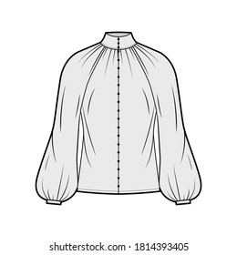 Shirred high-cut neck blouse technical fashion illustration with long bishop raglan sleeve, front button-fastening, oversized. Flat apparel shirt template front, grey color. Women, men unisex top CAD