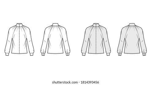 Ilustración técnica de la moda de la camisa de alto corte en el cuello con manga larga con abrazadera y cierre de botón delantero. Plantilla de la camisa de vestimenta plana en la parte delantera, trasera, blanca, gris. Mujeres, hombres unisex top mockup