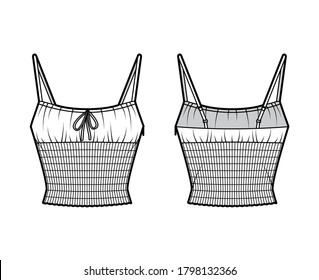 Ilustración técnica de moda en la parte superior de la camiseta con cami de cuello de cuchara, correas de hombro ajustables, elasticadas en la cintura. Plantilla de la ropa de tanque plana delantera, trasera, color blanco. Mujeres, hombres unisex camisa CAD