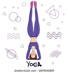 Shirshasana pose headstand. Girl standing on her head. Stock illustration of a gymnastic exercise to strengthen the muscles of the whole body. Vector image for design, catalogs, children's magazines.