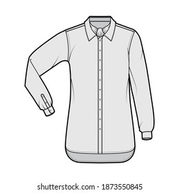 Shirt ascot stripe technical fashion illustration with tie bow, elbow fold long sleeve, oversized, button-down, regular collar. Flat template front, grey color. Women men unisex top CAD mockup